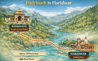 Badrinath to Haridwar return route map showing 320 km road journey completing Char Dham Yatra circuit