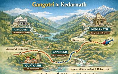 Gangotri to Kedarnath route map via Guptkashi and Gaurikund with 300 km road and 16 km trek in Char Dham Yatra