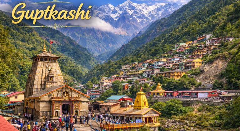 Guptkashi town with Vishwanath Temple and Mandakini valley surrounded by Himalayan peaks