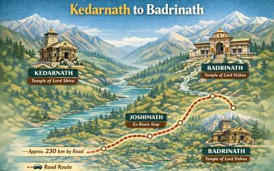Kedarnath to Badrinath route map via Joshimath showing 230 km road journey in Char Dham Yatra