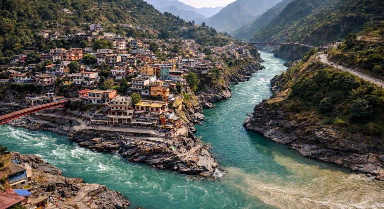 Rudraprayag confluence of Alaknanda and Mandakini rivers on Char Dham Yatra route in Uttarakhand