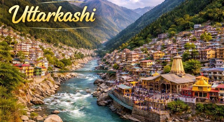 Uttarkashi town view with Bhagirathi River and Himalayan mountains during Char Dham Yatra route