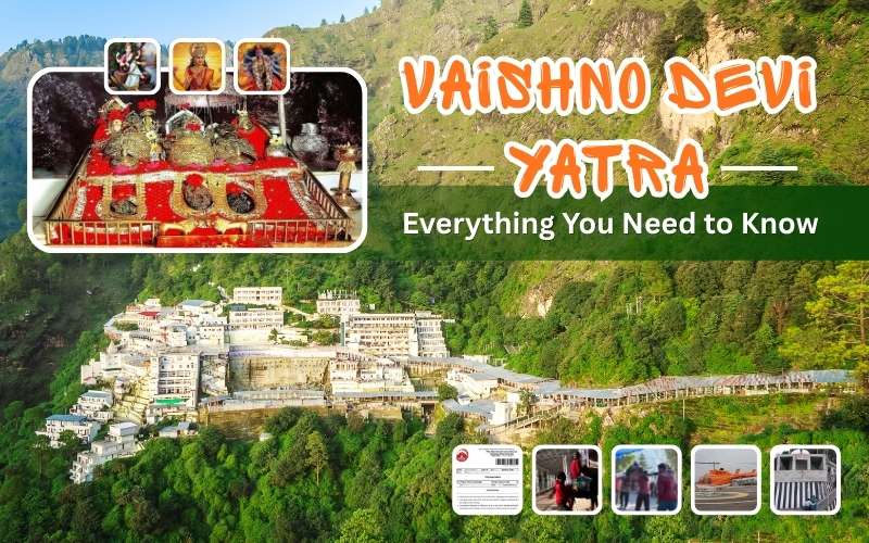 Vaishno Devi Yatra guide banner showing Bhawan temple in Katra, Jammu with Mata Vaishno Devi shrine and pilgrimage information for devotees