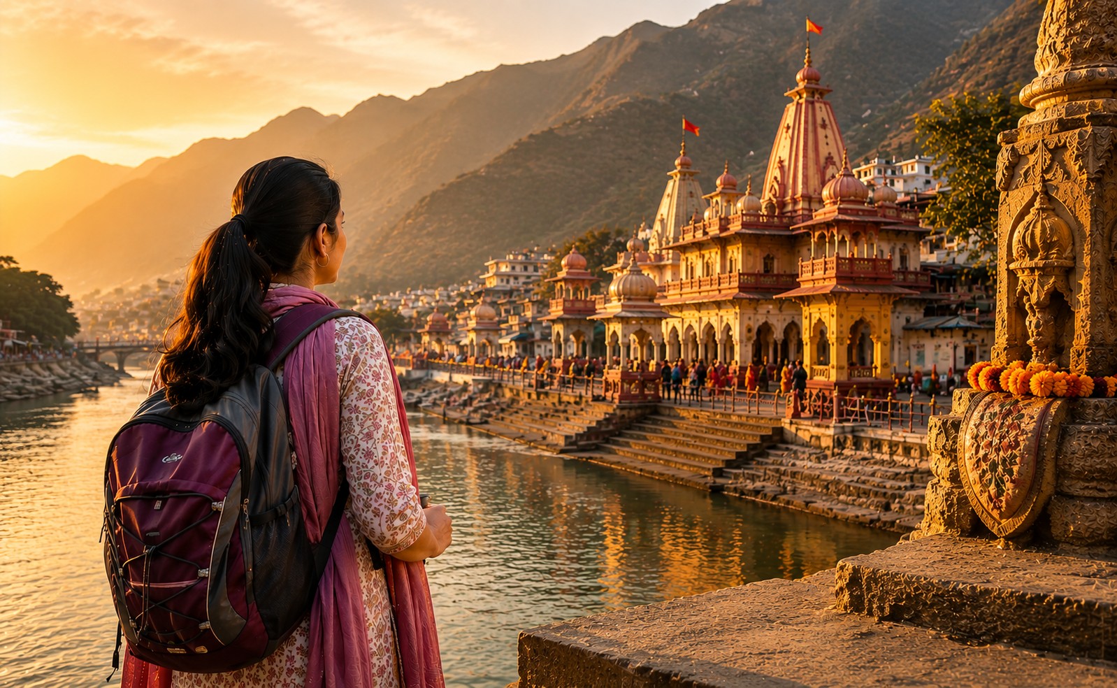 Woman pilgrim traveling safely to a sacred temple with backpack and essential pilgrimage items