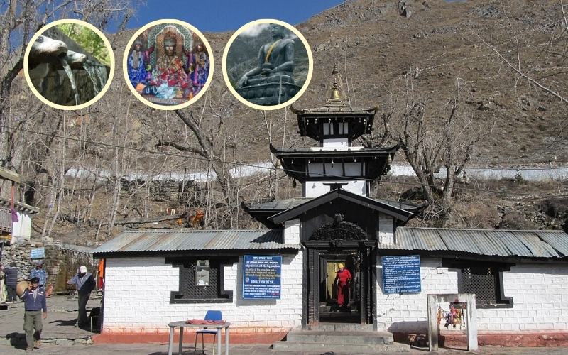 Muktinath Temple in Nepal with 108 water spouts, Jwala Mai Temple, and Buddha statue during the Muktinath Darshan Yatra